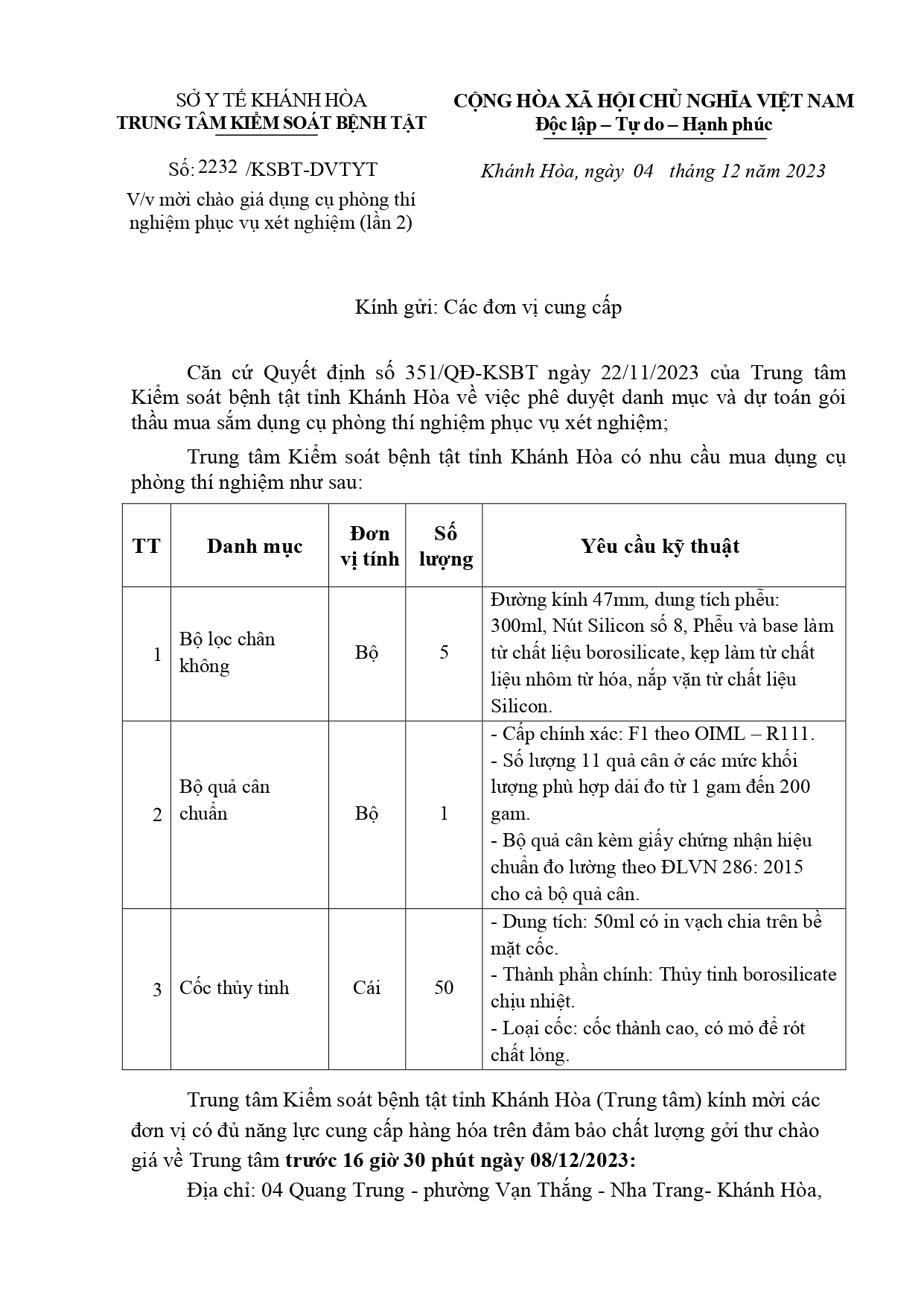 Mời chào giá dụng cụ phòng thí nghiệm phục vụ xét nghiệm (lần 2)